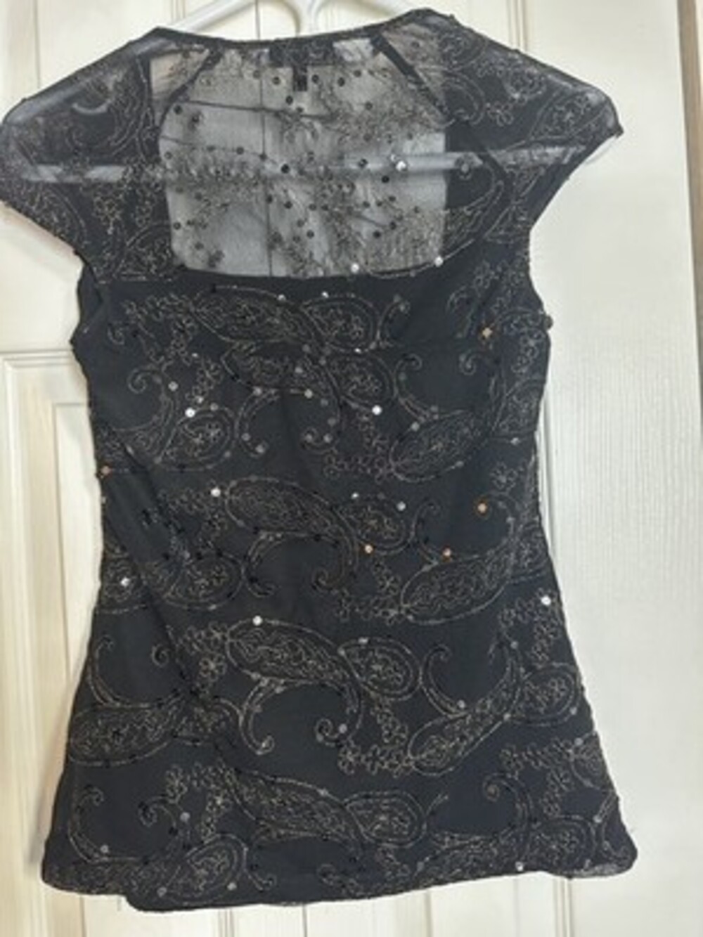 Vintage Le Château Black Sequin Paisley Mesh Top Made in Canada #60 - Picture 2 of 3
